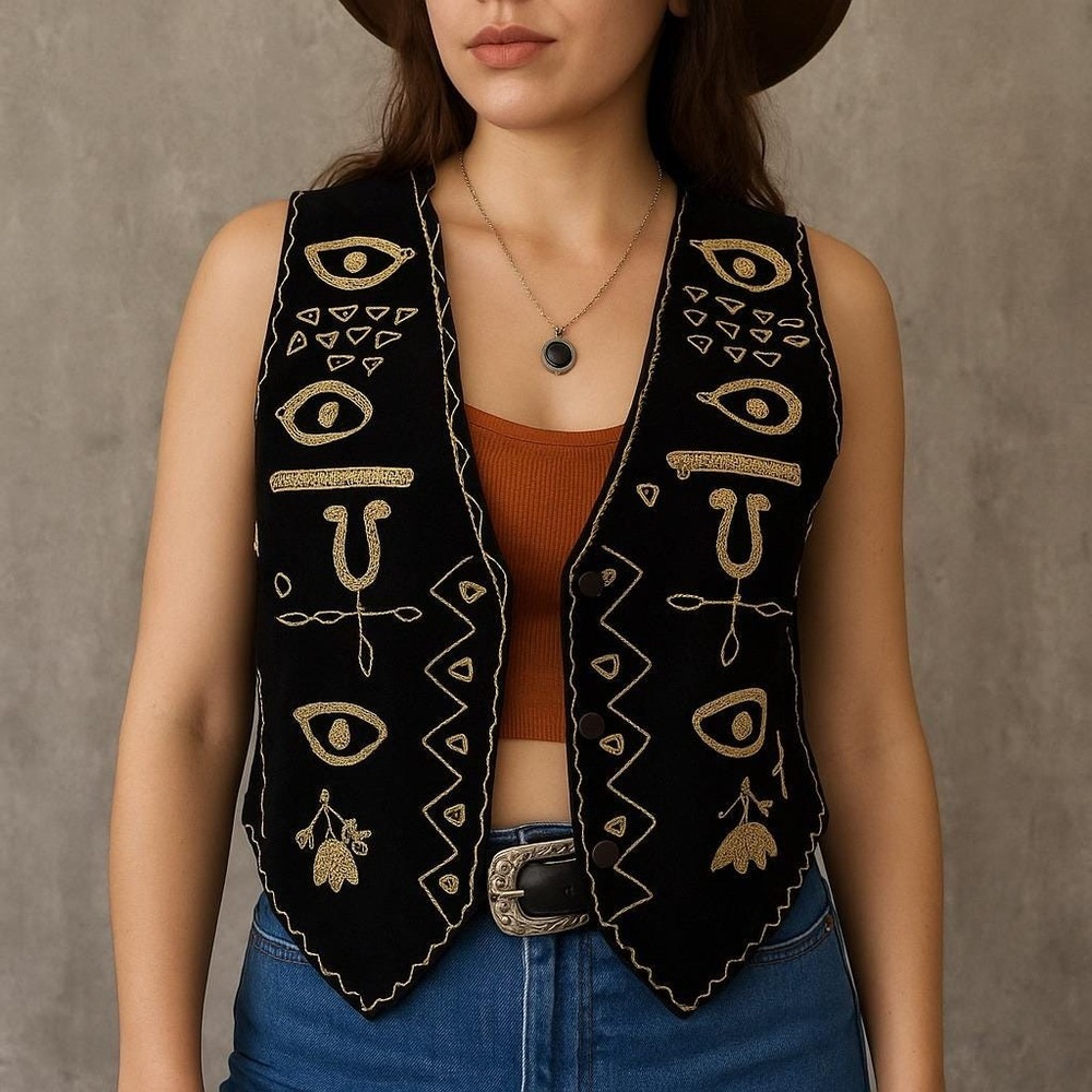 Vintage 70s Cheyenne Suede Vest Gold Embroidery Boho Folk Festival Waistcoat‎ S